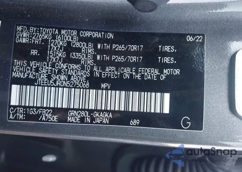 2022 Toyota 4Runner Sr5/Trd Sport/Trail/Sr5 Premium/Limited z USA, uszkodzony, nr VIN JTEEU5JR0N5275068